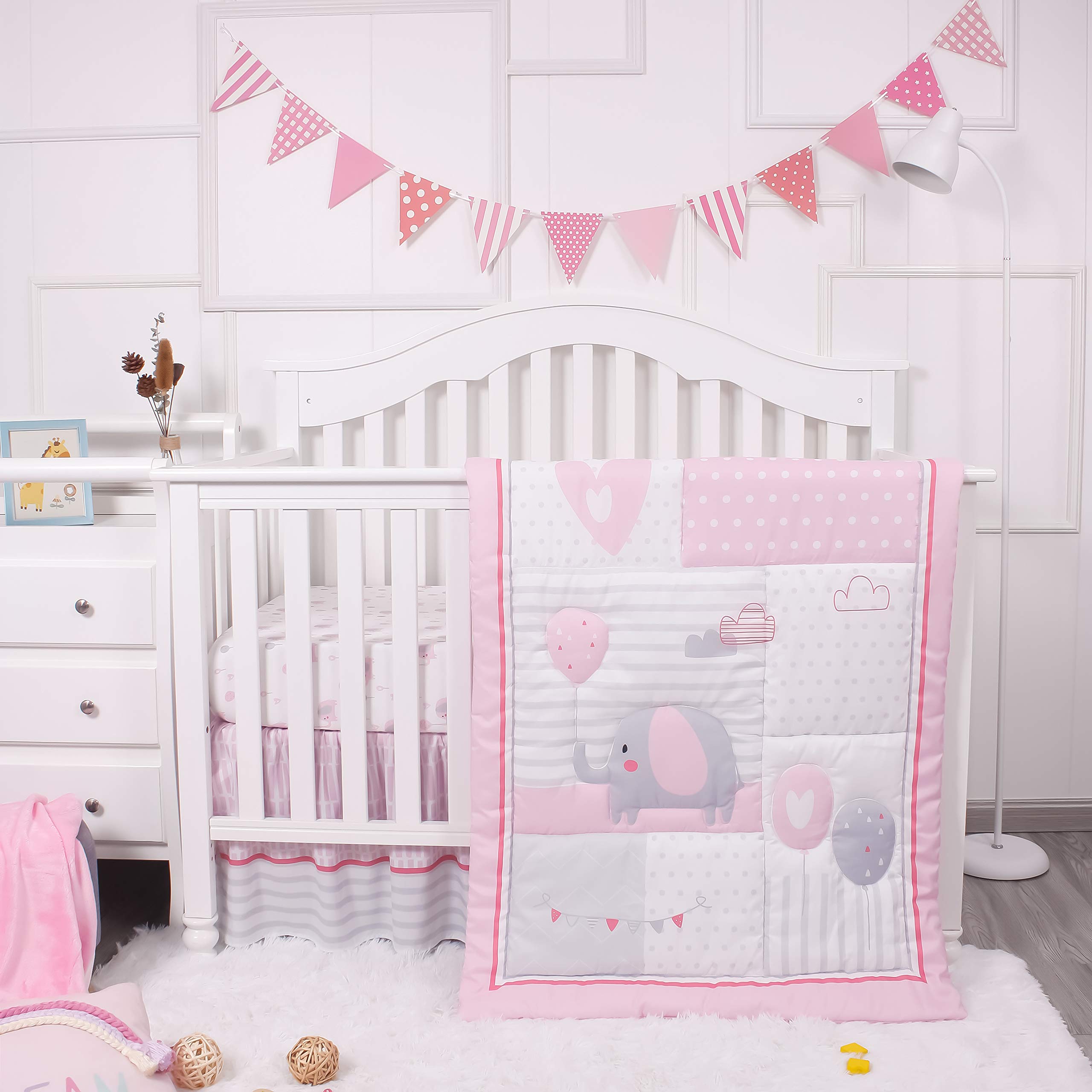 La Premura pink elephant balloons crib sheet offers ultra-soft comfort for peaceful naps.