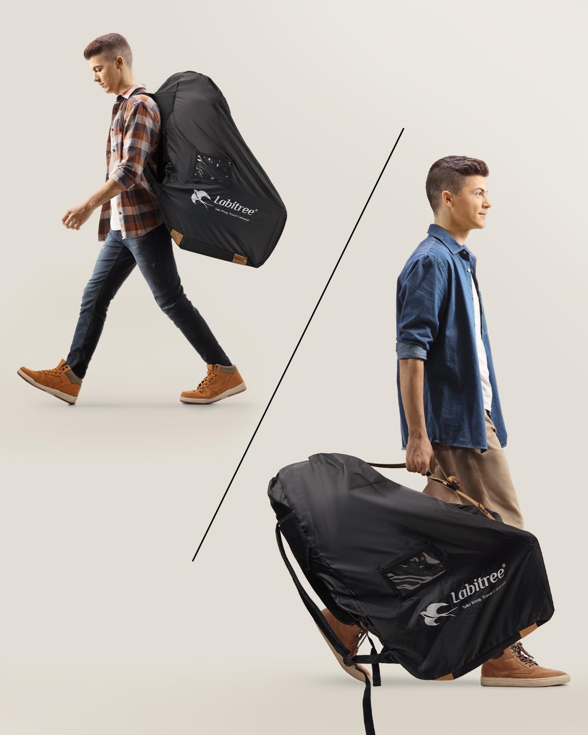 Labitree carseat travel bag fits standard seats up to 34x18x18 inches.