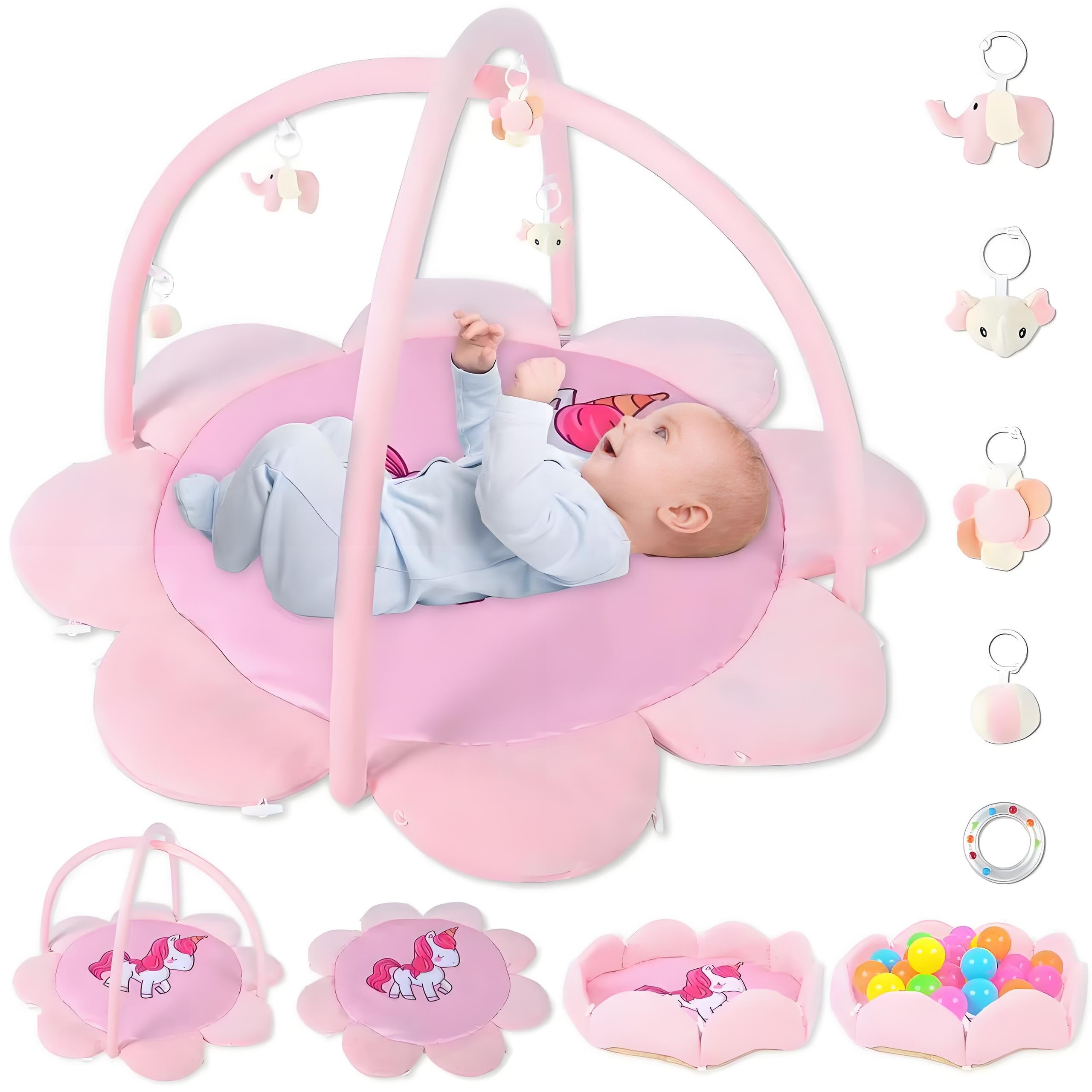 Labooboo pink unicorn thickened plush play gym overview—large safe space for tummy time