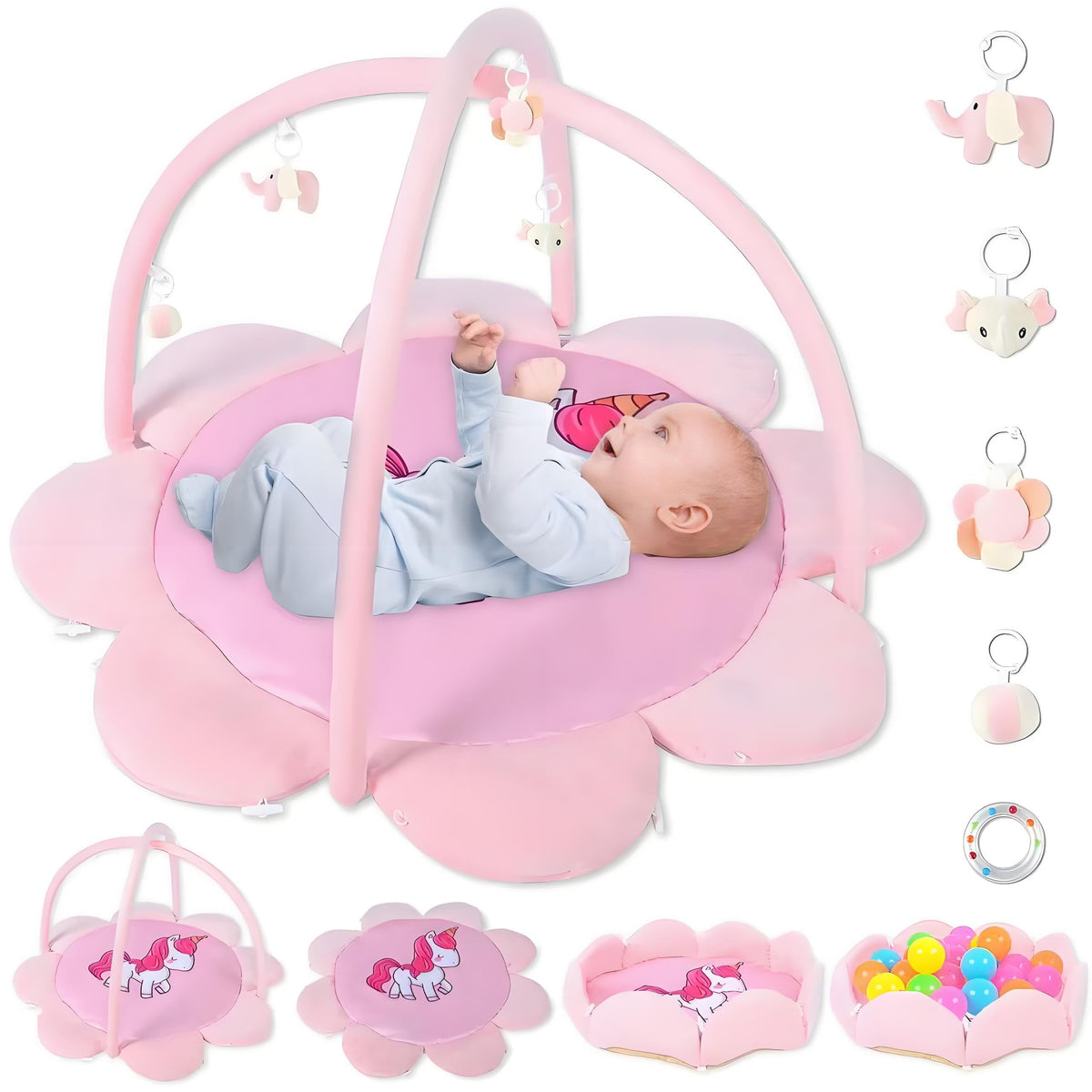 Labooboo pink unicorn thickened plush play gym overview—large safe space for tummy time