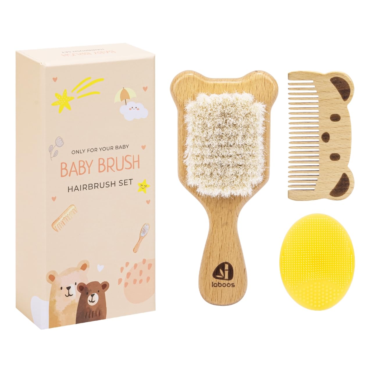 Laboos soft goat bristle brush gently distributes natural oils for smooth baby hair.