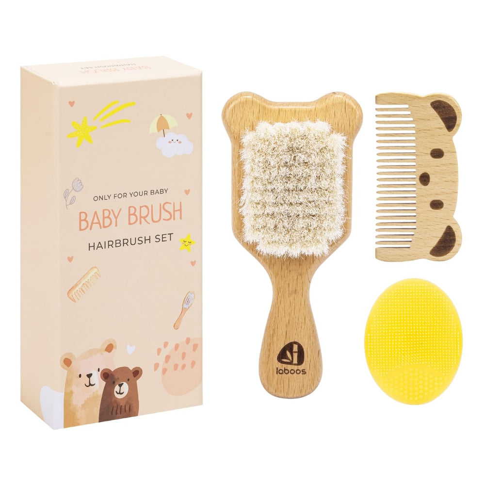 Laboos soft goat bristle brush gently distributes natural oils for smooth baby hair.
