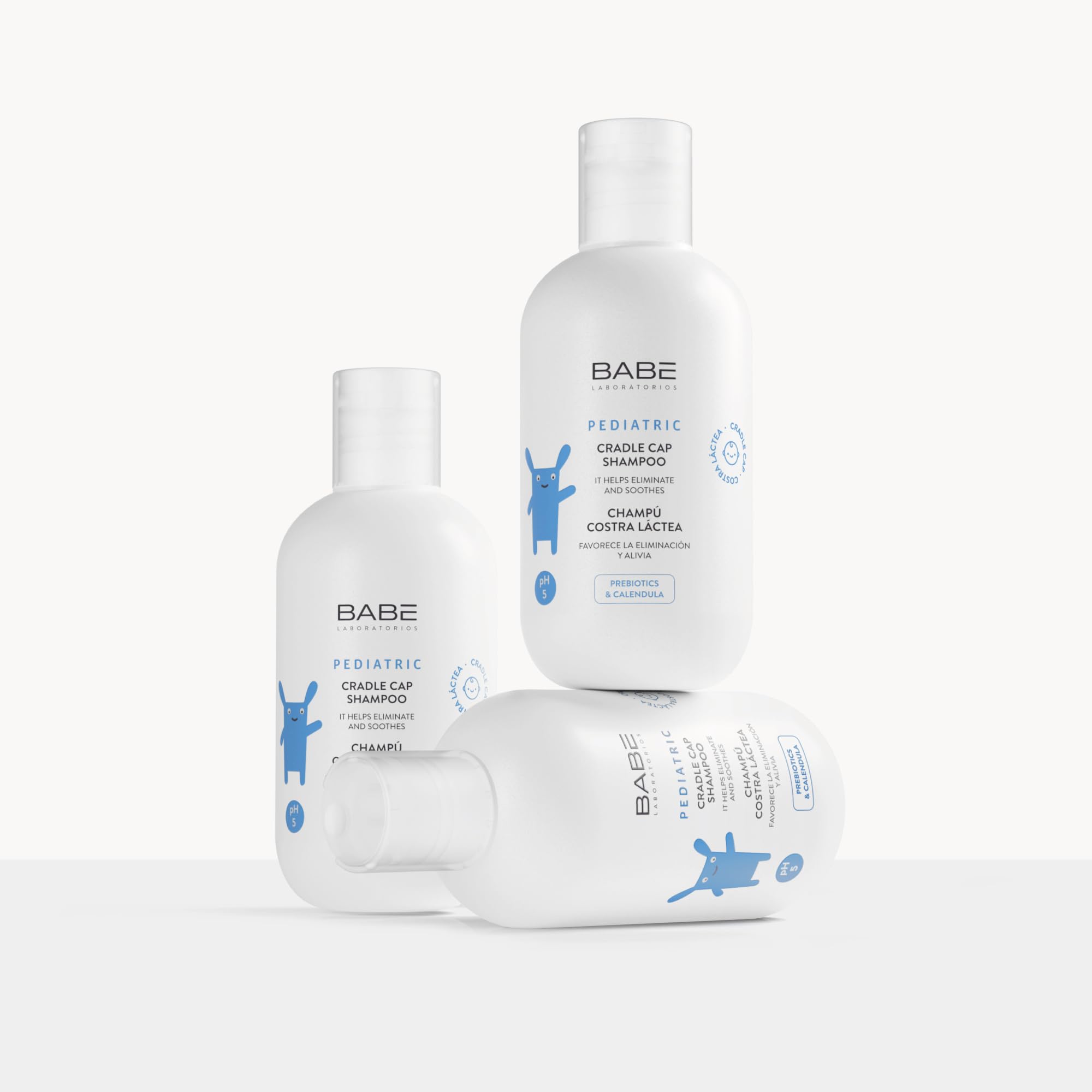 Laboratorios Babe cradle cap shampoo easy-open cap for quick parent use.