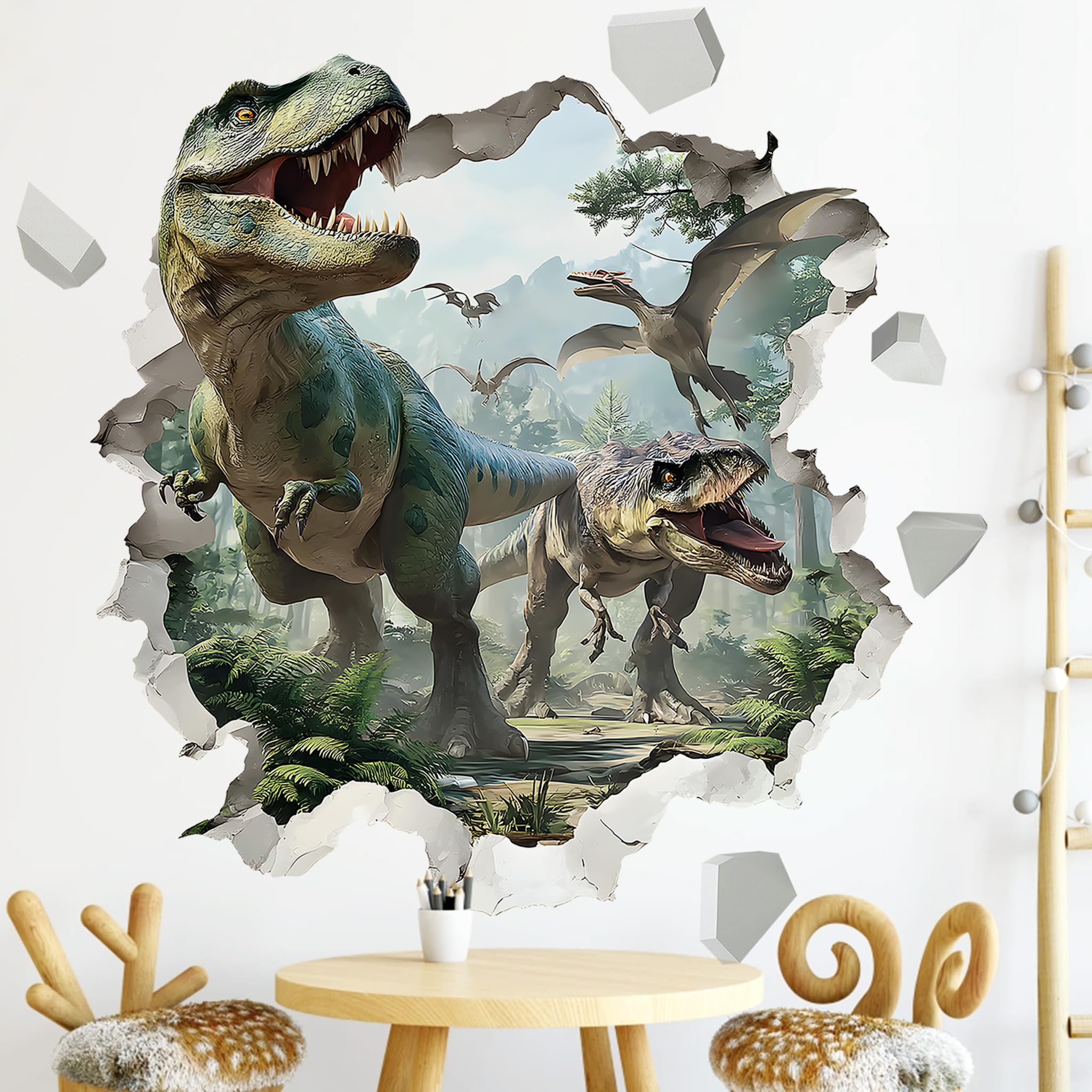 Ladinimo 3D dinosaur wall stickers with T-Rex scene inspire imaginative play in kids' rooms
