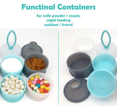 LADISO four-compartment stackable dispenser keeps formula organized during outings.