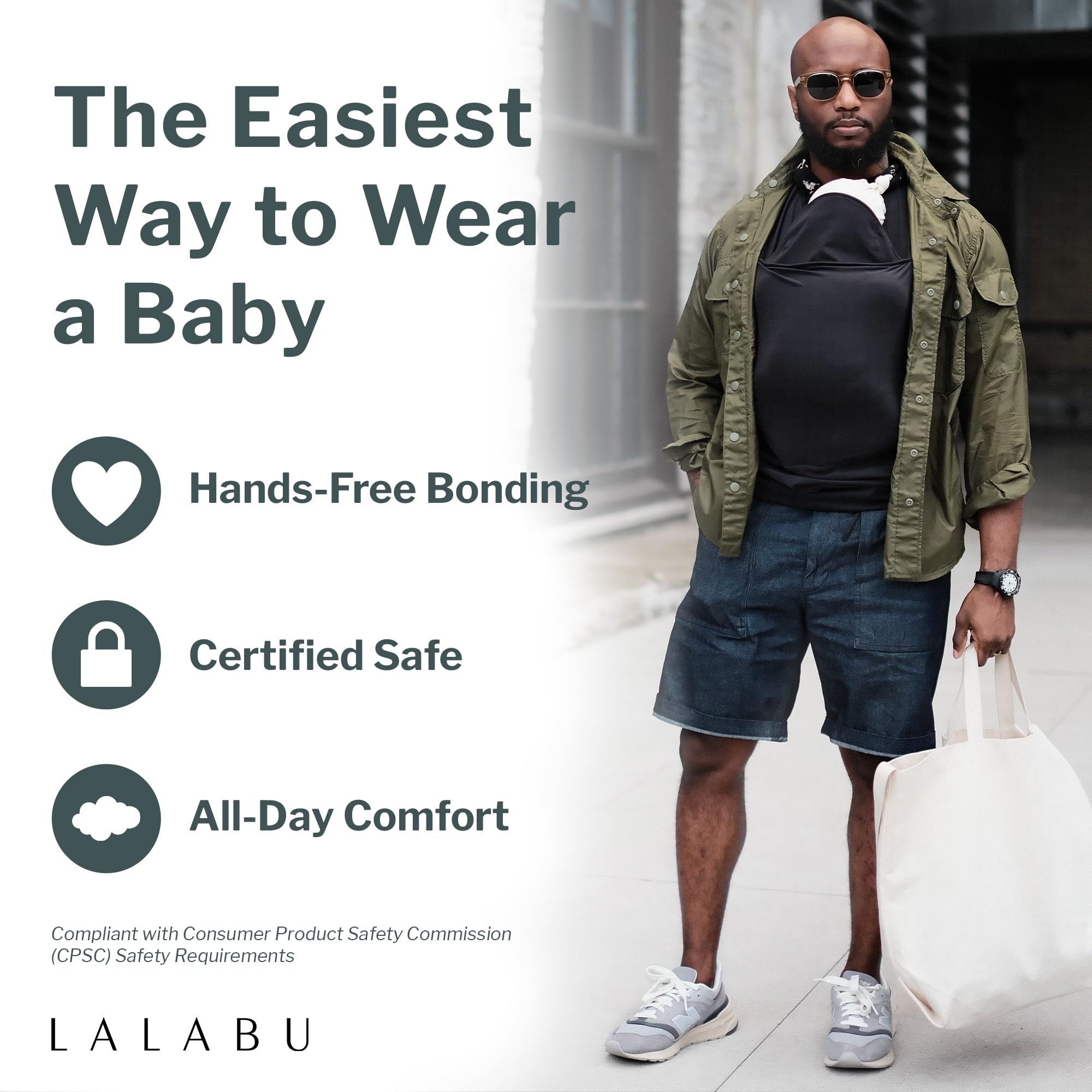 Lalabu Dad Shirt with infant in pouch demonstrates hands-free bonding.