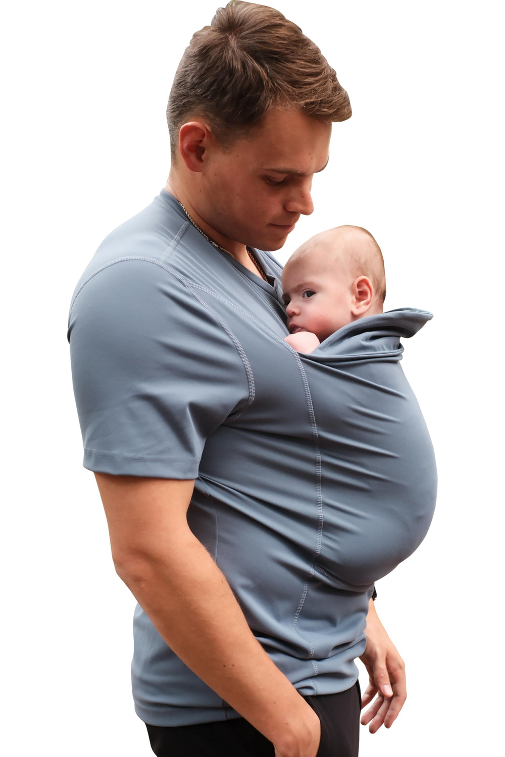 Lalabu Dad Shirt front view demonstrates hands-free bonding for dad and baby.