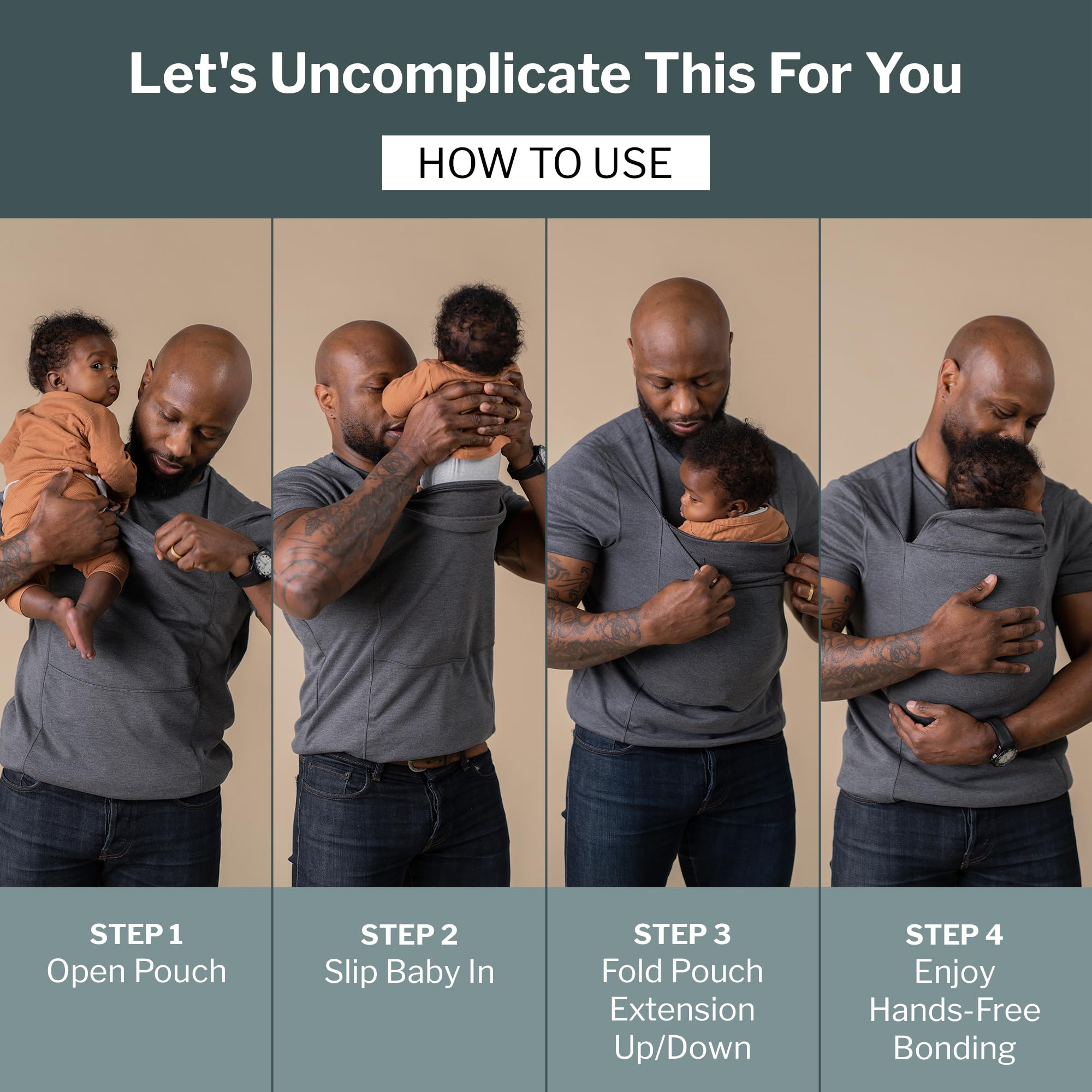 Lalabu Dad Shirt hip-health pouch demo emphasizes ergonomic support for newborns.