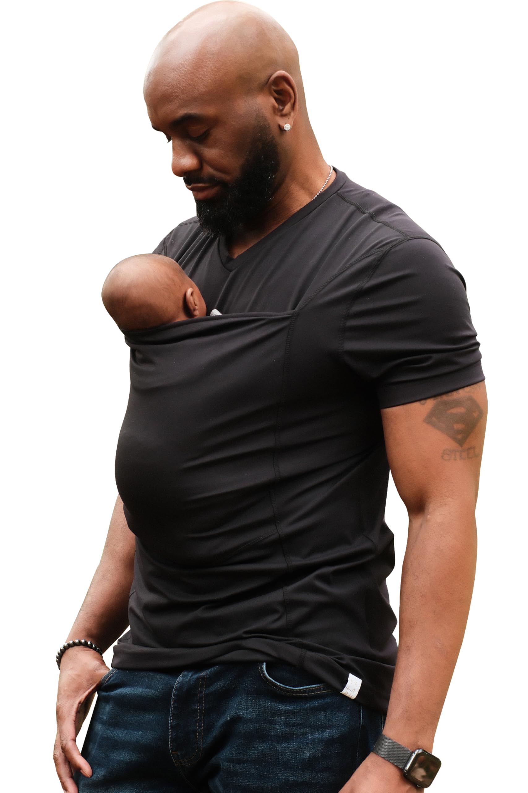 Lalabu Dad Shirt kangaroo pouch in black demonstrates secure hands-free bonding for newborns