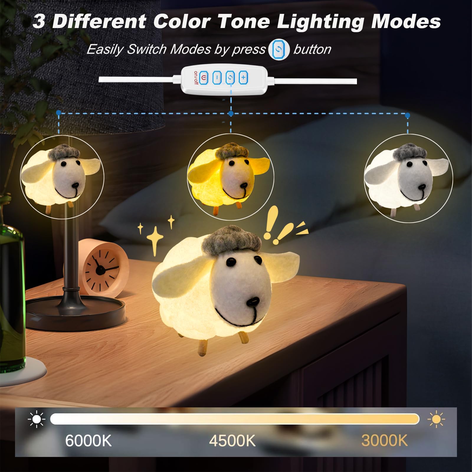 Lallomo small sheep night light in bedroom ambience suitable for kids and adults.