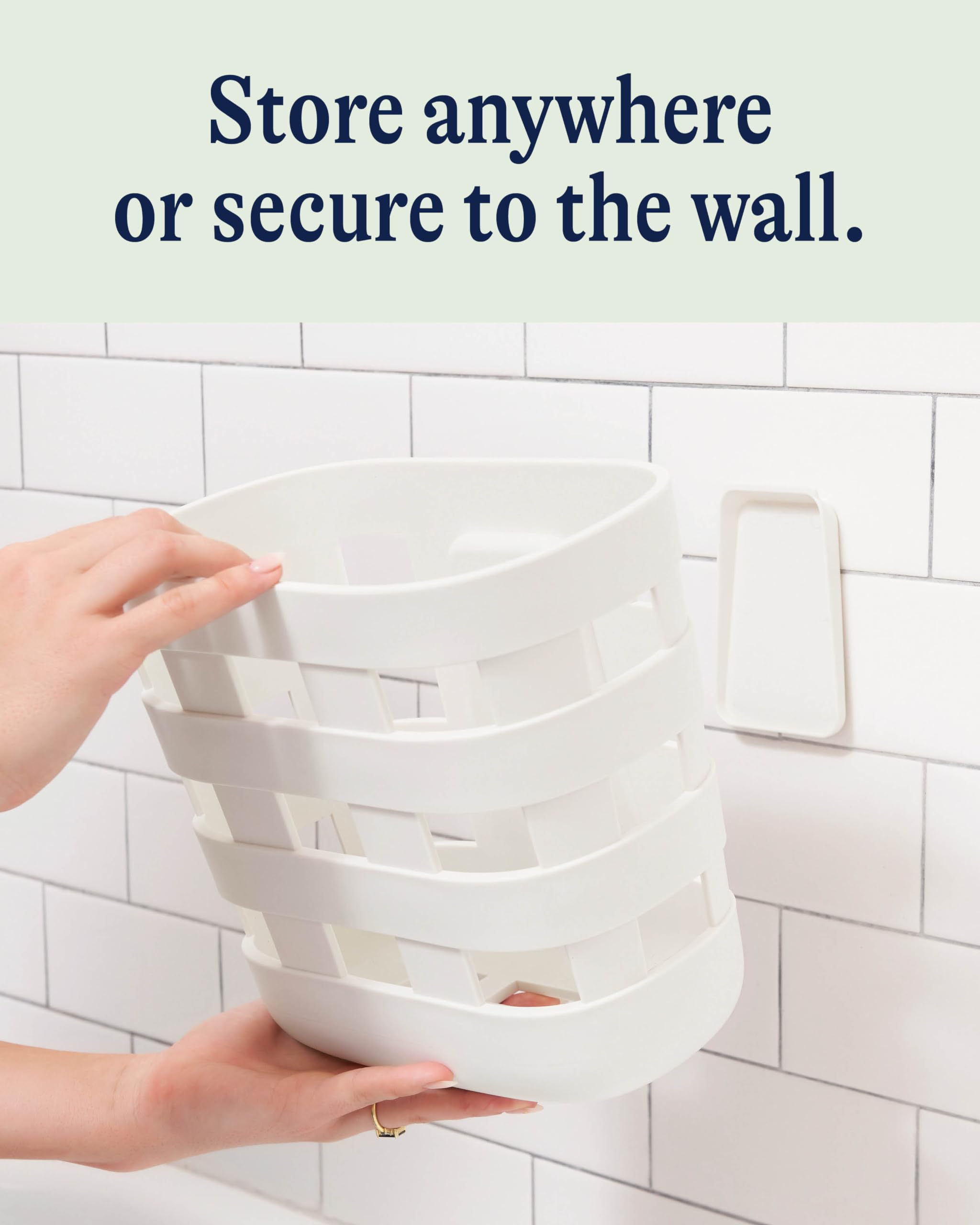 Lalo Bath Time Storage Bin Coconut compact footprint fits small bathrooms.