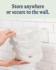 Lalo Bath Time Storage Bin Coconut compact footprint fits small bathrooms.