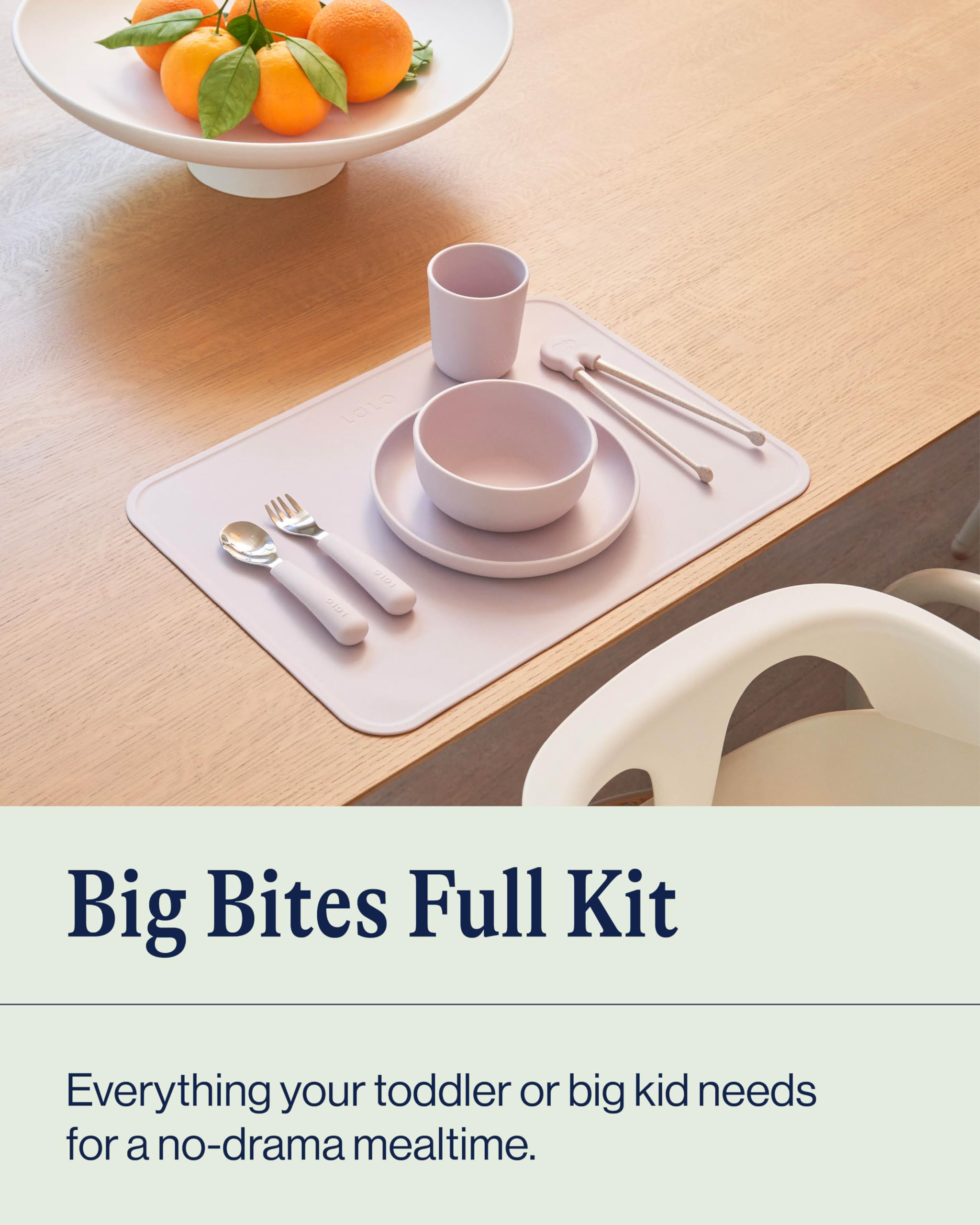 Lalo Big Bites plate in blueberry color highlights kid-friendly dining setup