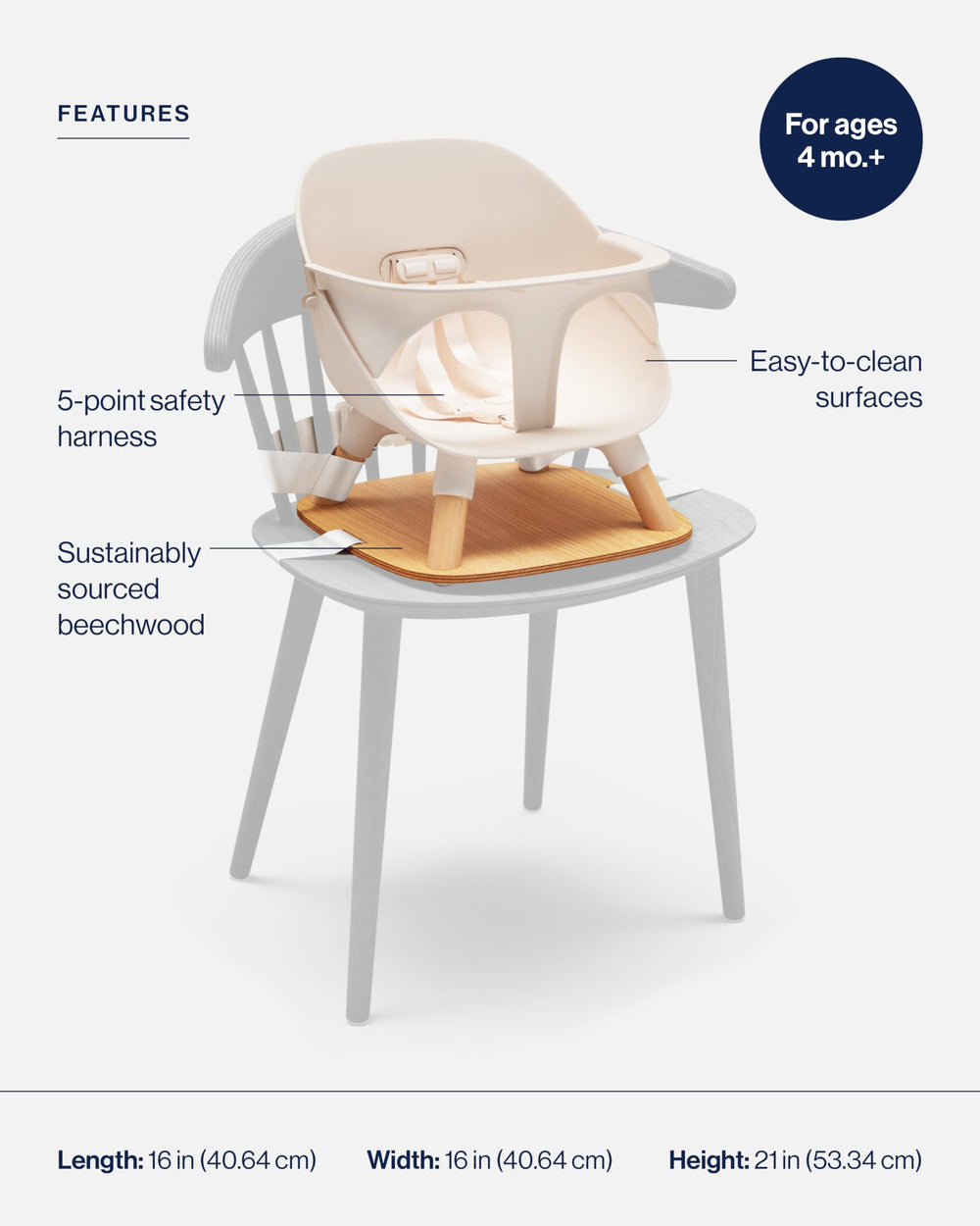 Lalo booster seat Grapefruit easy-clean-surfaces highlights wipe-clean plastic for quick mess cleanup.