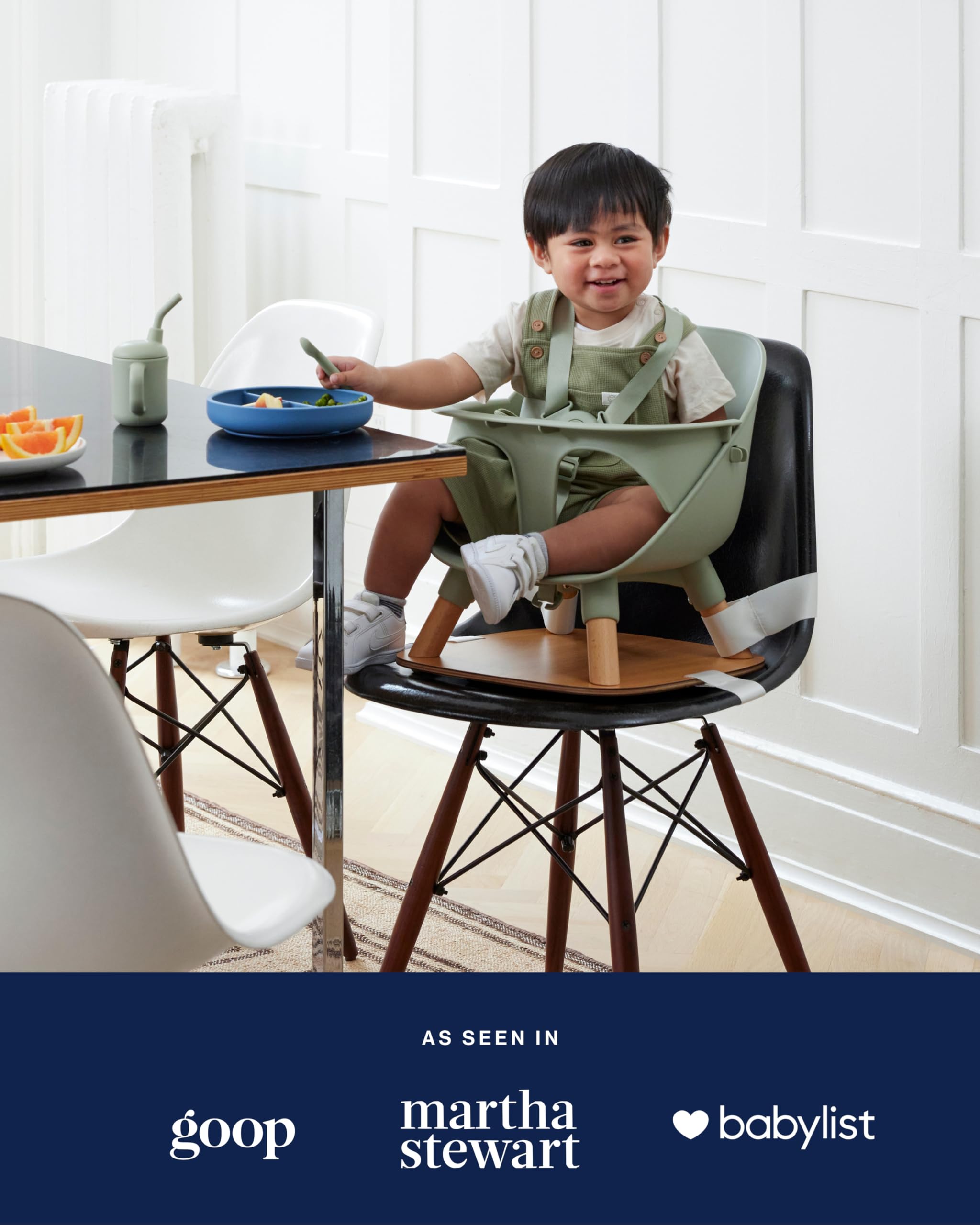 Lalo booster-seat Grapefruit play-chair-conversion option extends use with optional legs.