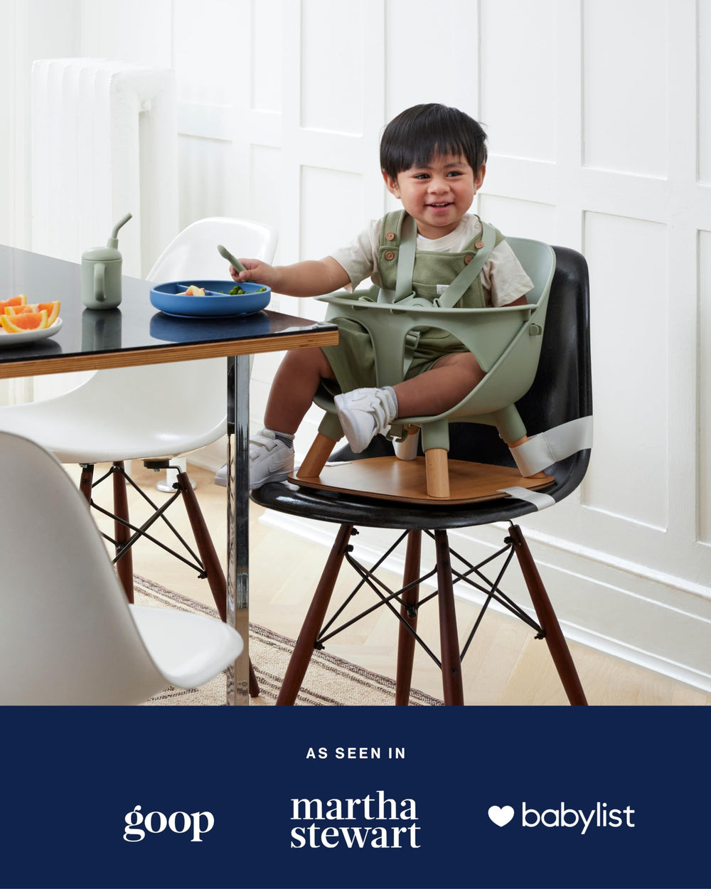Lalo booster-seat Grapefruit play-chair-conversion option extends use with optional legs.