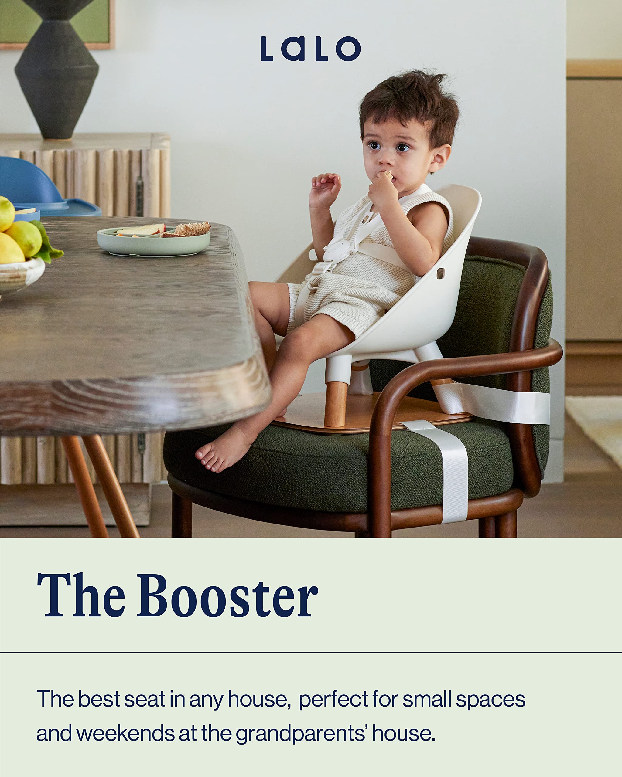 Lalo Booster Seat licorice-attached-to-chair secures booster for family dining.