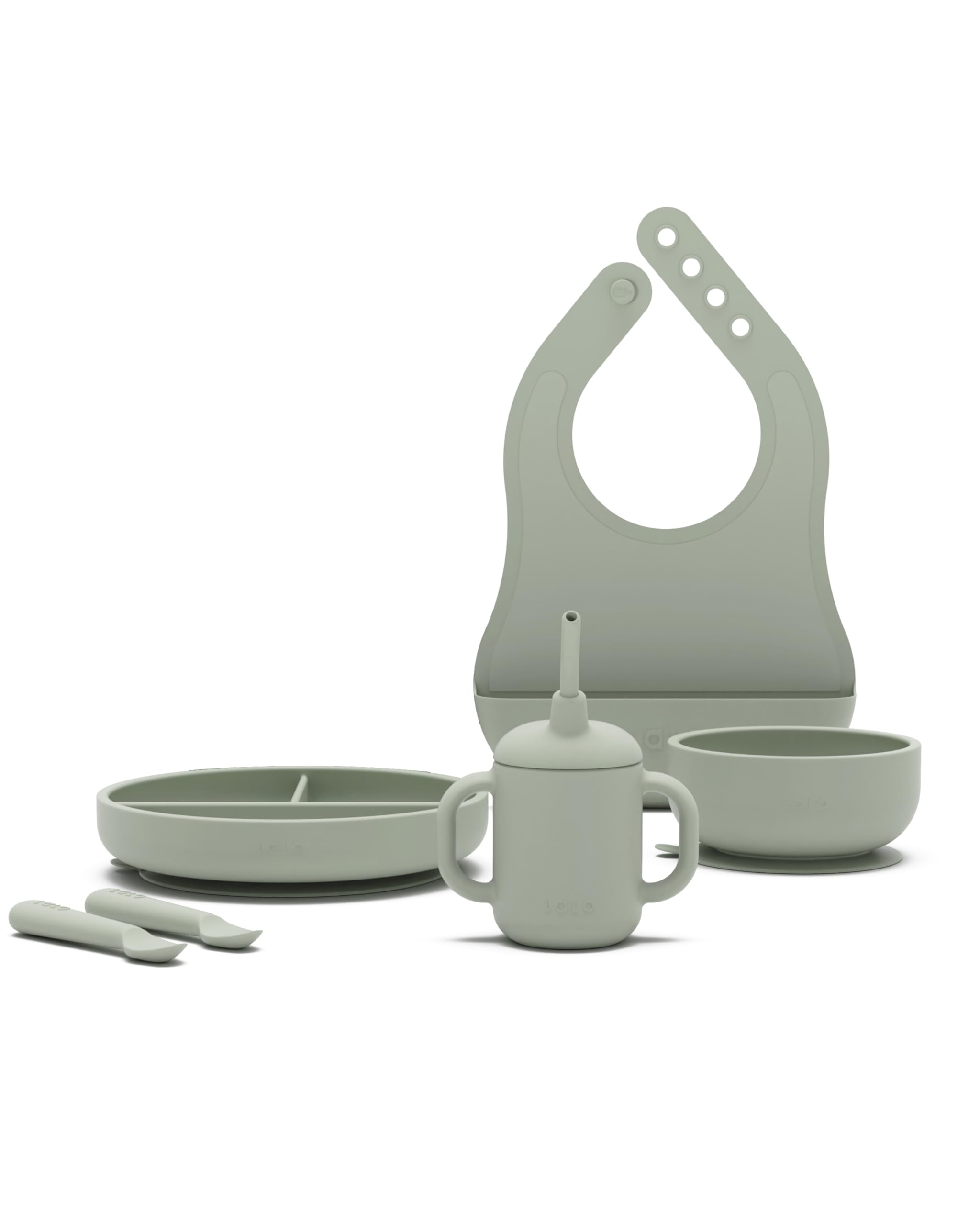 Lalo First Bites Sage bib close-up catching spills for mess-free meals