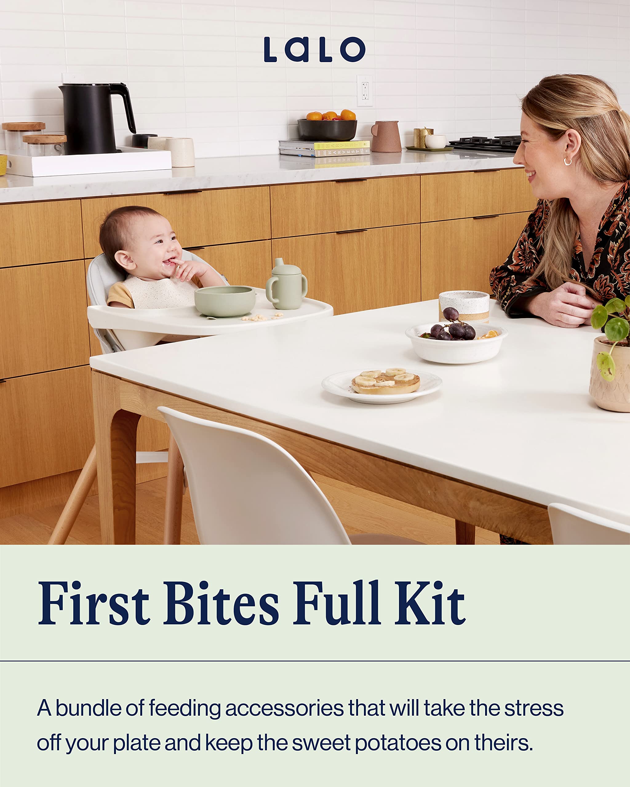 Lalo First Bites spoons in oatmeal with ergonomic handles for tiny hands