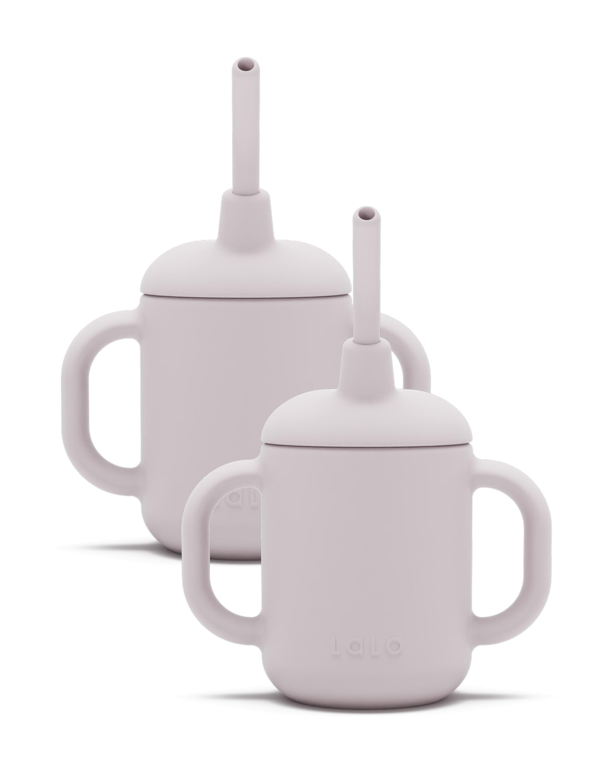 Lalo Little Cup 2-Pack lavender side view shows soft handles for tiny hands and easy grip.