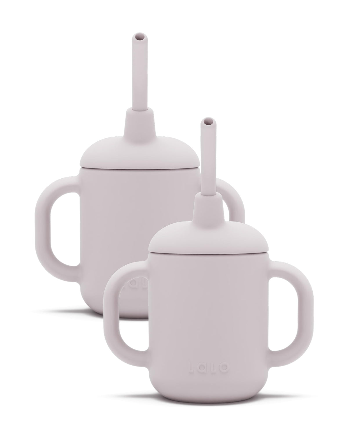 Lalo Little Cup 2-Pack lavender side view shows soft handles for tiny hands and easy grip.