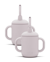 Lalo Little Cup 2-Pack lavender side view shows soft handles for tiny hands and easy grip.