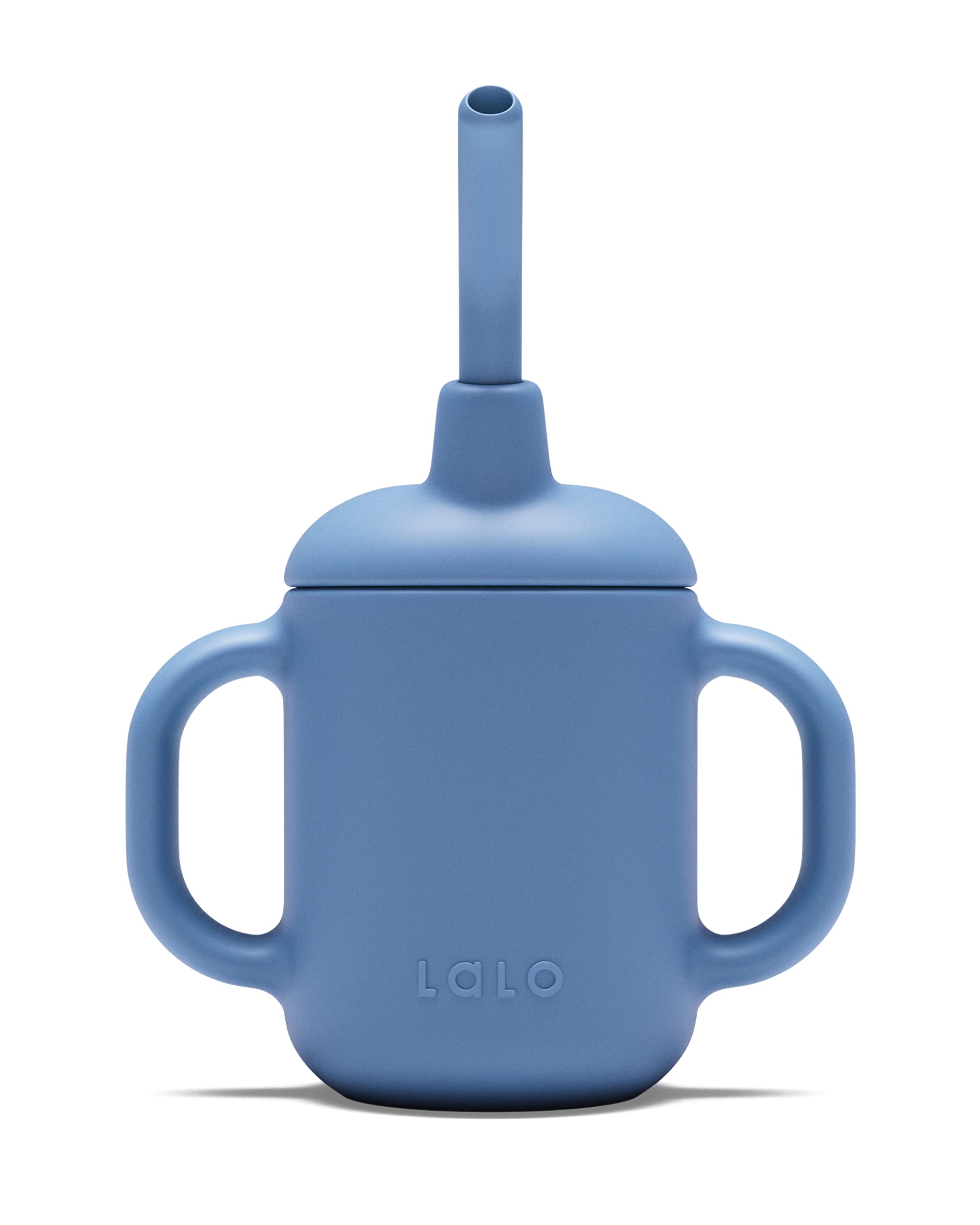 Lalo Little Cup Blueberry with straw and handles helps tiny hands learn to sip.
