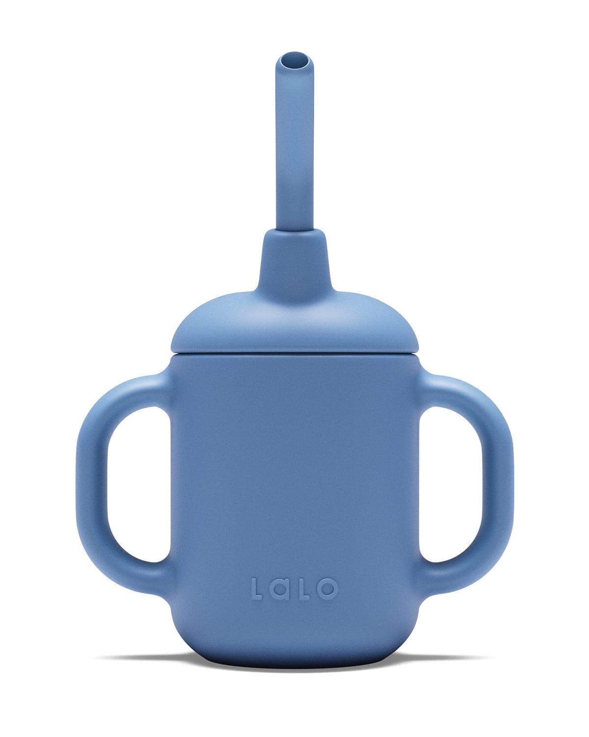 Lalo Little Cup Blueberry with straw and handles helps tiny hands learn to sip.