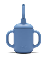 Lalo Little Cup Blueberry with straw and handles helps tiny hands learn to sip.