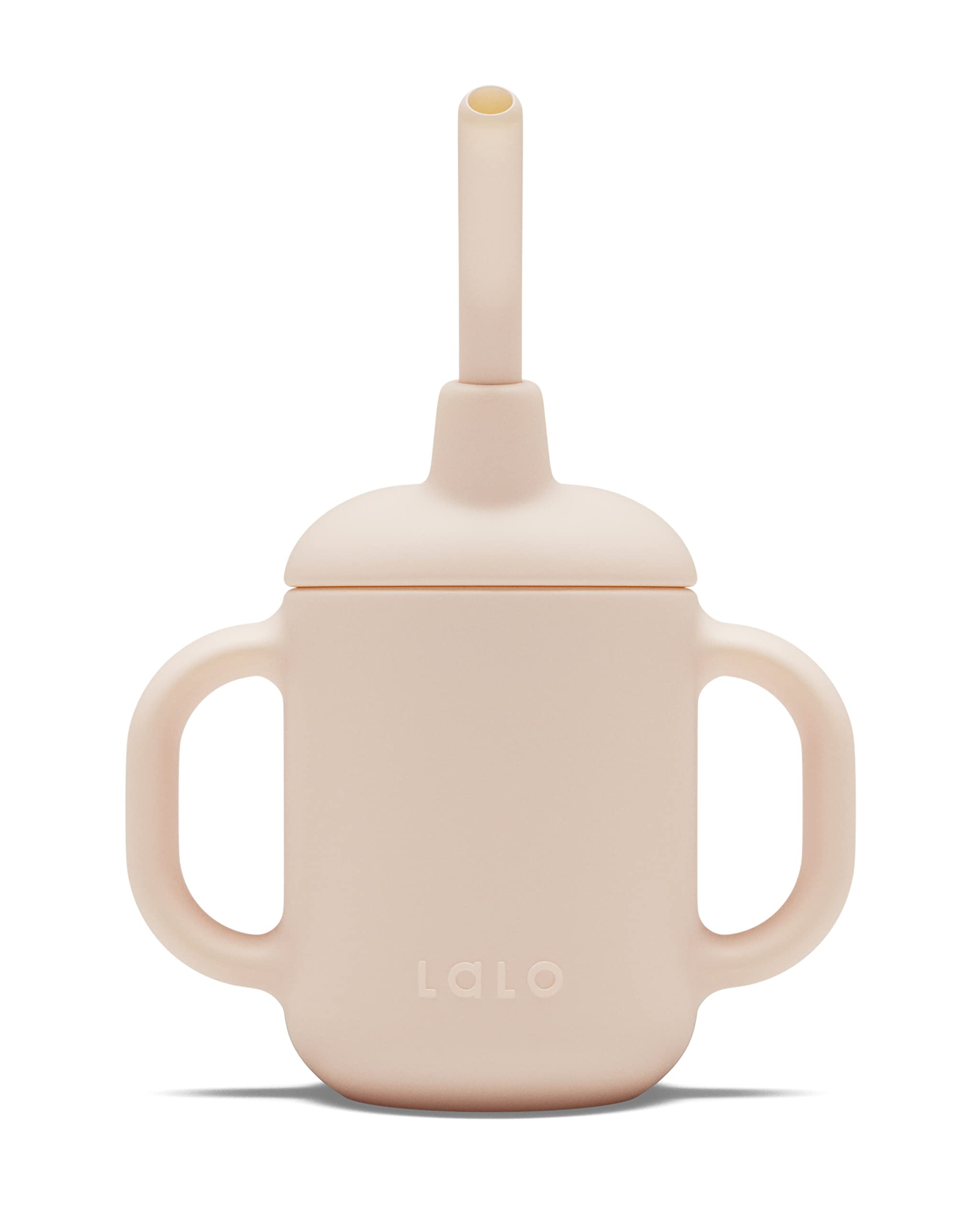 Lalo Little Cup grapefruit color close-up highlights safe silicone material for delicate gums