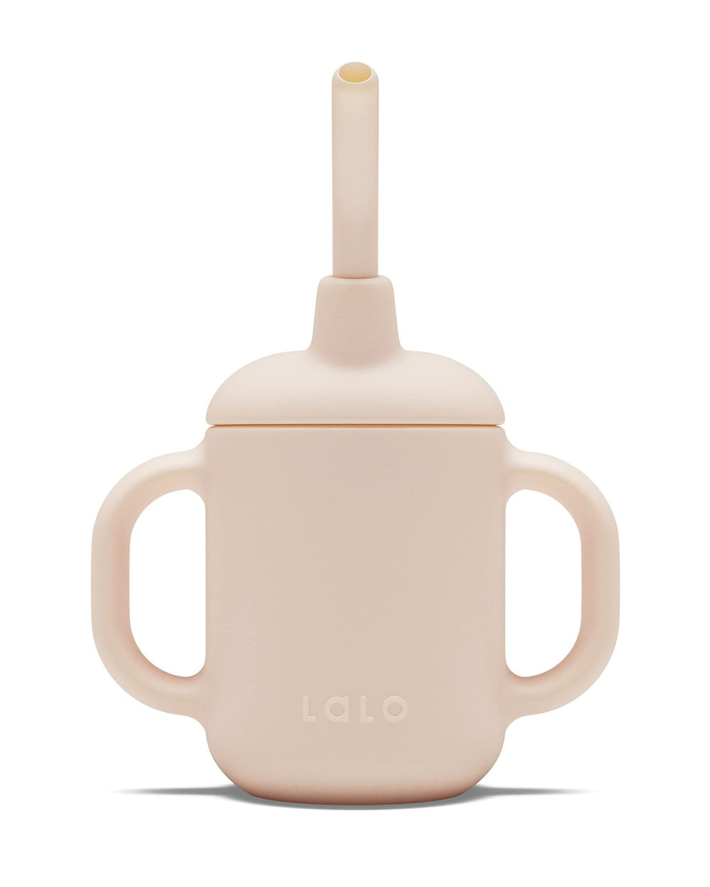 Lalo Little Cup grapefruit color close-up highlights safe silicone material for delicate gums
