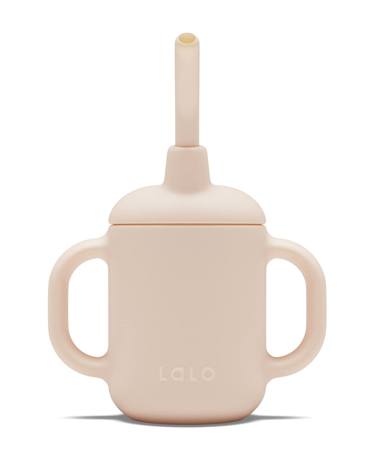 Lalo Little Cup grapefruit color close-up highlights safe silicone material for delicate gums