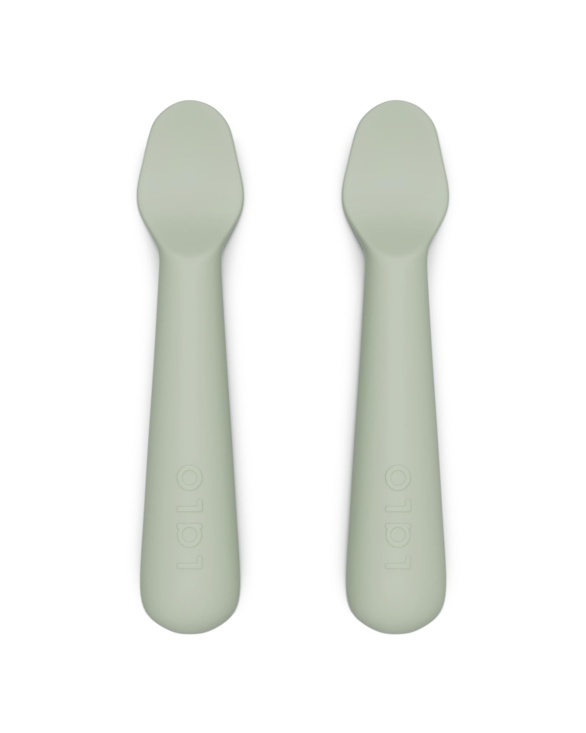 Lalo Little Spoon Set Sage ergonomic handle for tiny hands, easing self-feeding.