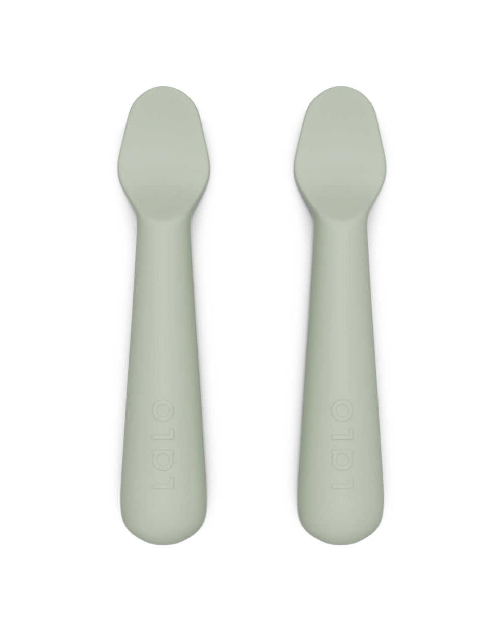 Lalo Little Spoon Set Sage ergonomic handle for tiny hands, easing self-feeding.