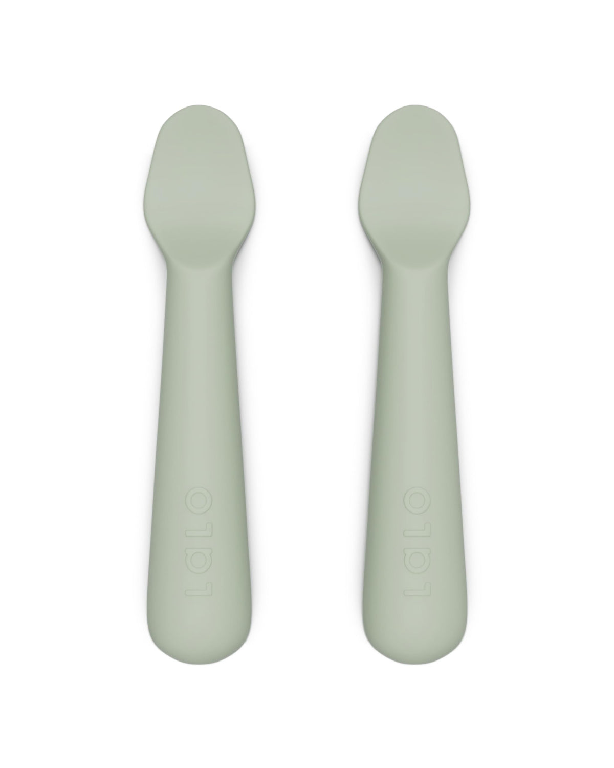 Lalo Little Spoon Set Sage ergonomic handle for tiny hands, easing self-feeding.