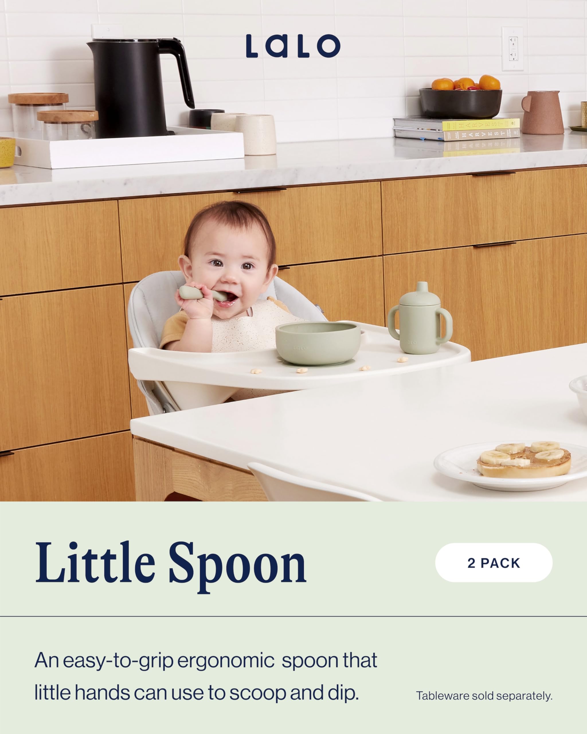 Lalo Little Spoon Set silicone non-toxic material supports gentle mealtime for infants.