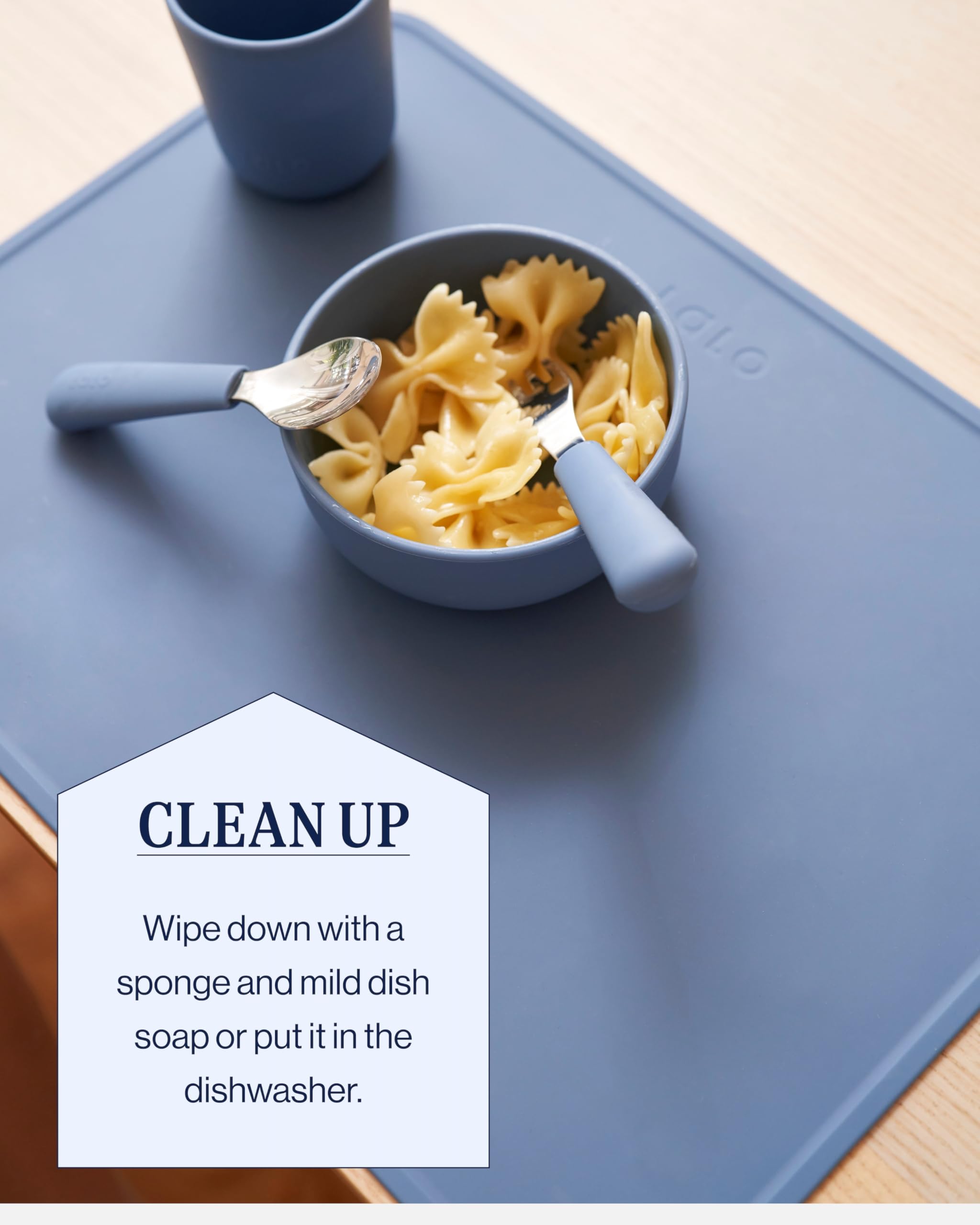 Lalo placemat dishwasher-safe shot emphasizes quick cleanup after mealtime.