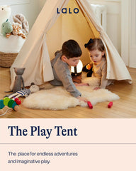 Lalo Play Tent interior highlights FSC beechwood frame and breathable canvas for safe imaginative play.