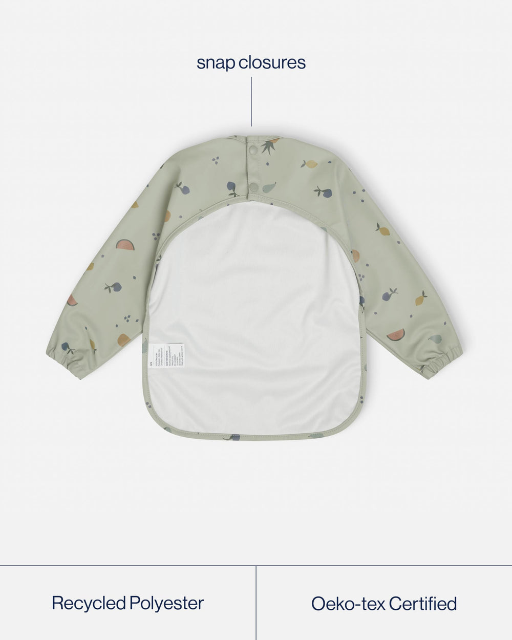 Lalo Smock Bib fruit print sage adds playful style to creative mealtime