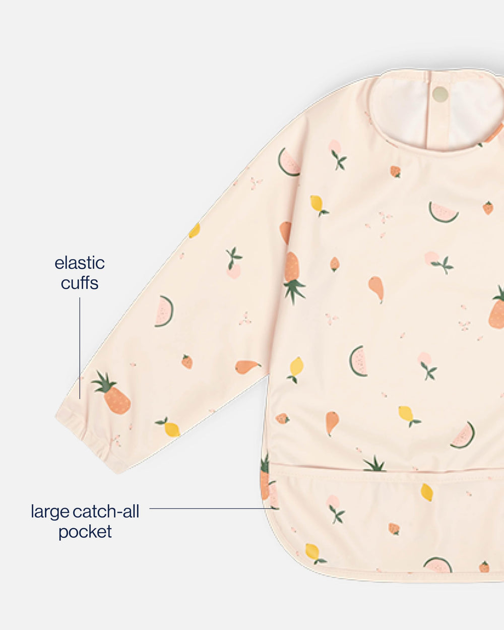 Lalo Smock Bib pocket catchall emphasizes large pocket for crumbs and wipes
