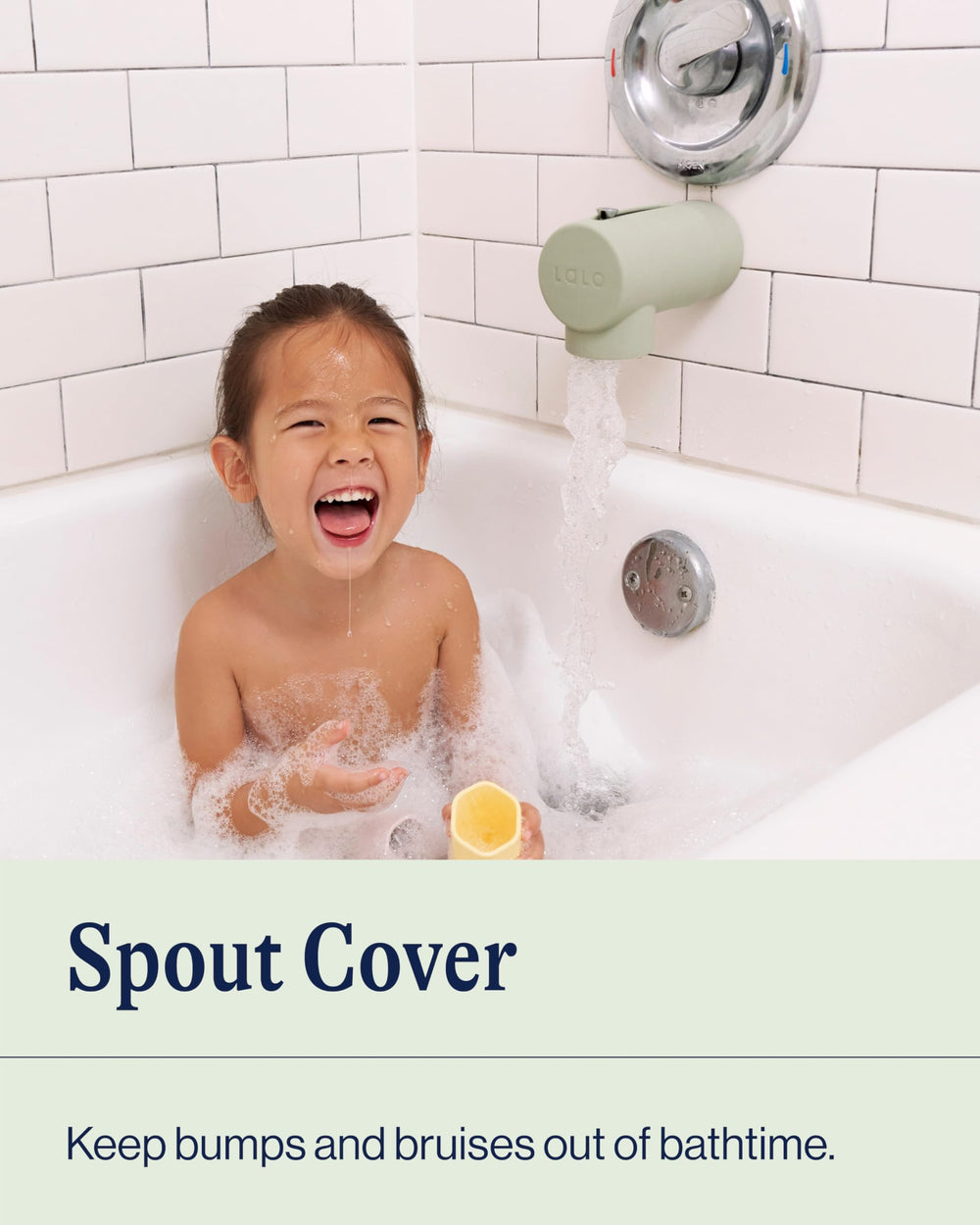 Lalo Spout Cover Sage on faucet showing universal fit for most spouts