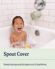 Lalo Spout Cover Sage on faucet showing universal fit for most spouts