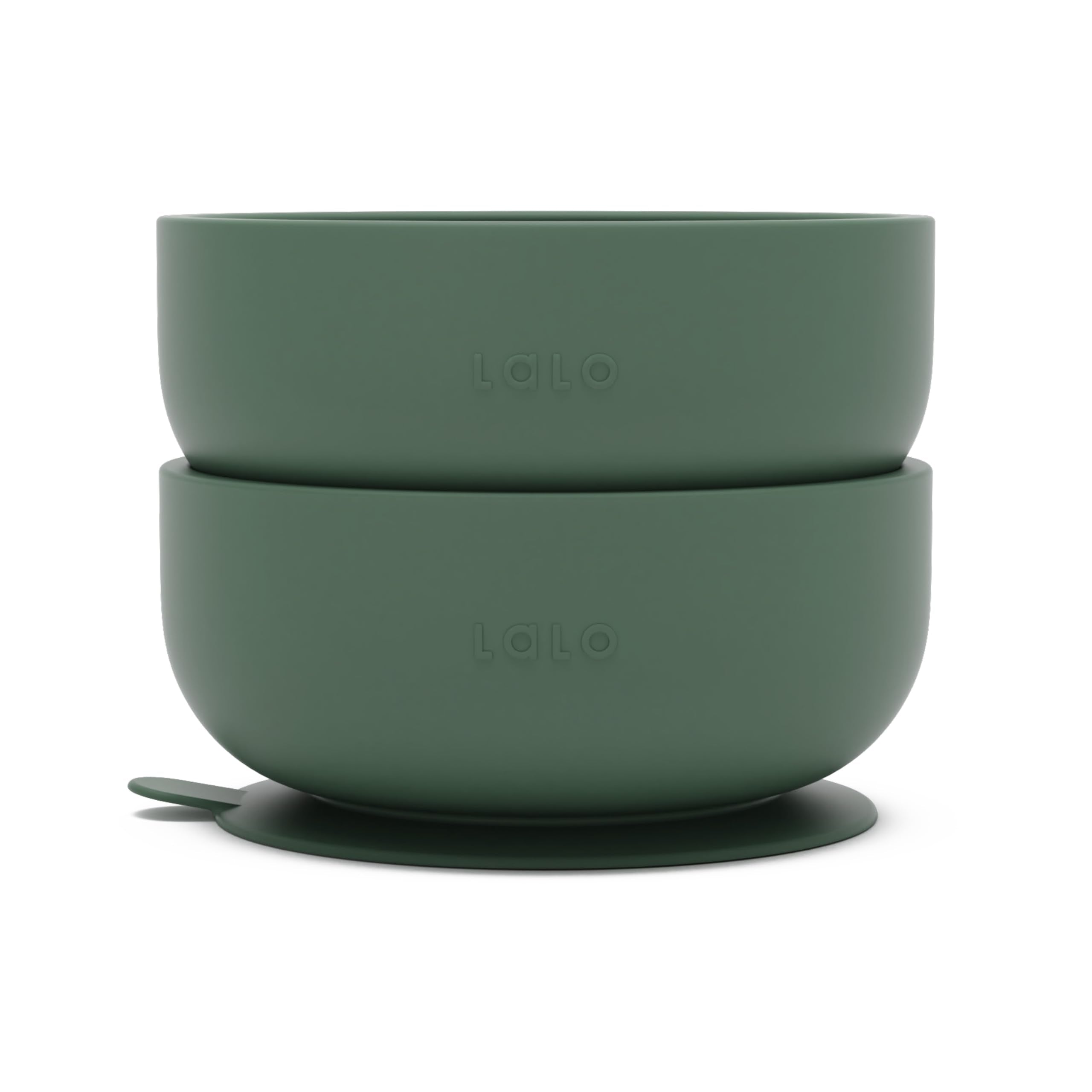 Lalo suction bowls olive two-pack front view shows non-toxic silicone base for mess-free meals