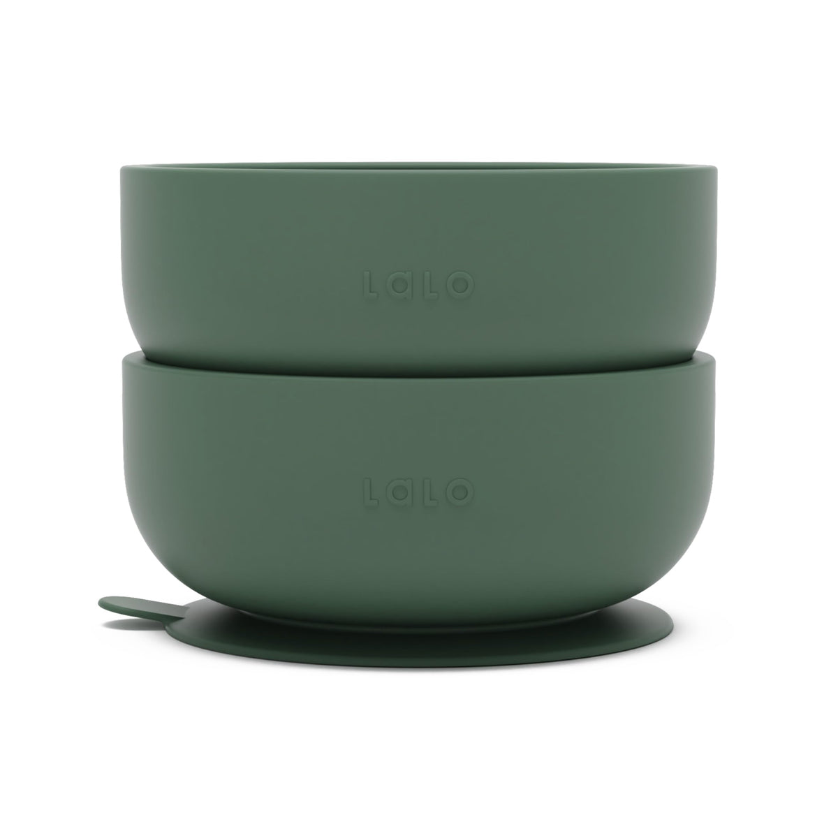 Lalo suction bowls olive two-pack front view shows non-toxic silicone base for mess-free meals
