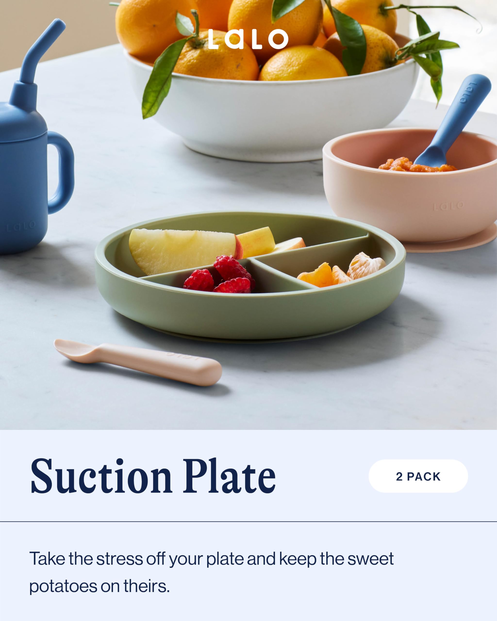 Lalo suction plates 2-pack closeup silicone highlights safe, non-toxic silicone for gentle meals.