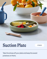 Lalo suction plates 2-pack closeup silicone highlights safe, non-toxic silicone for gentle meals.