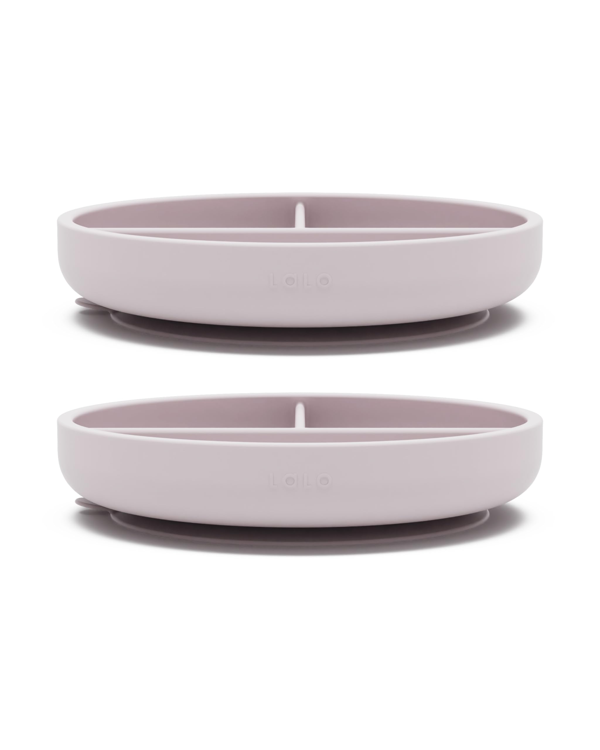 Lalo suction plates 2-pack lavender demonstrate mess-free meals with a secure silicone base.