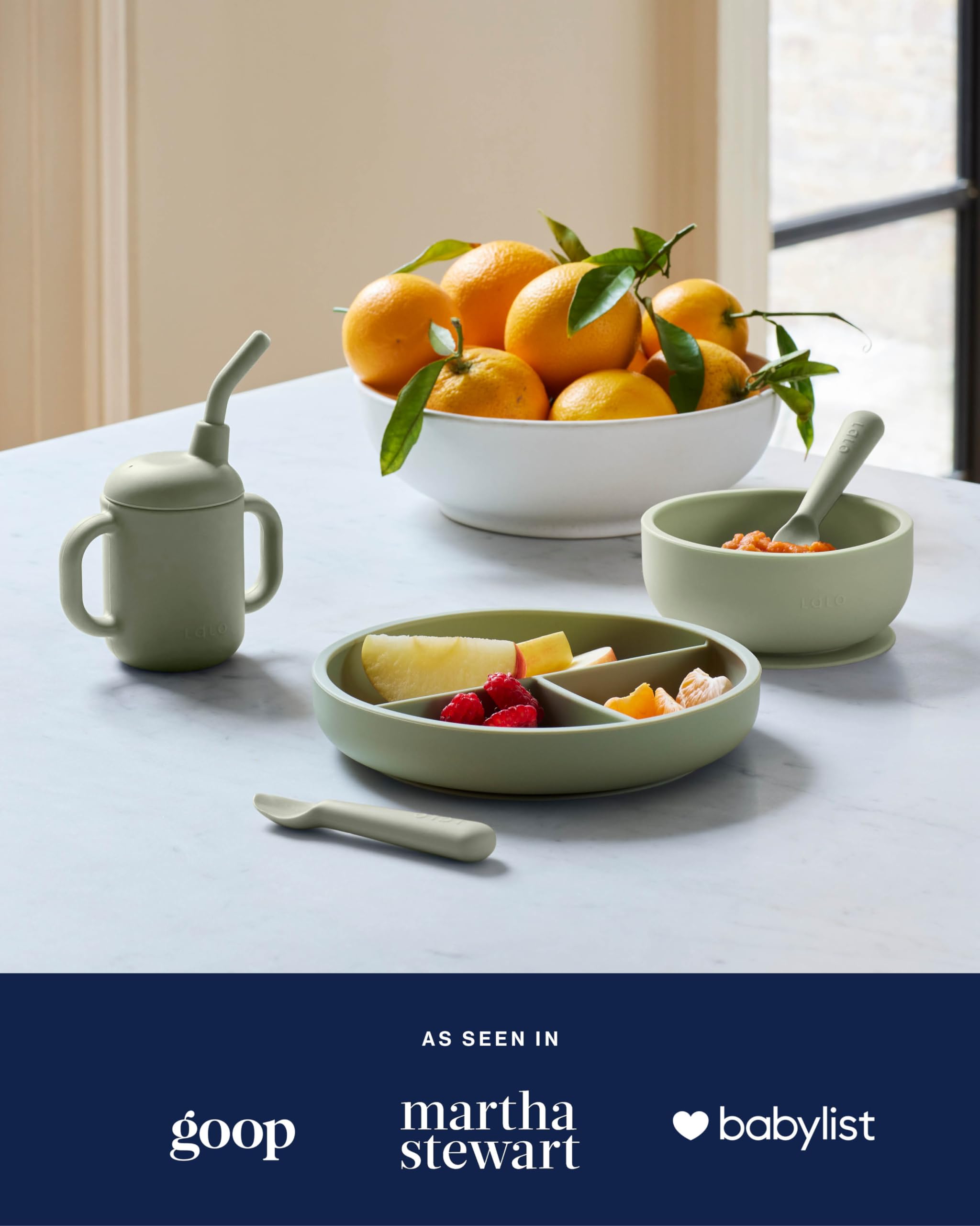 Lalo suction plates 2-pack stacked for compact storage after meals.