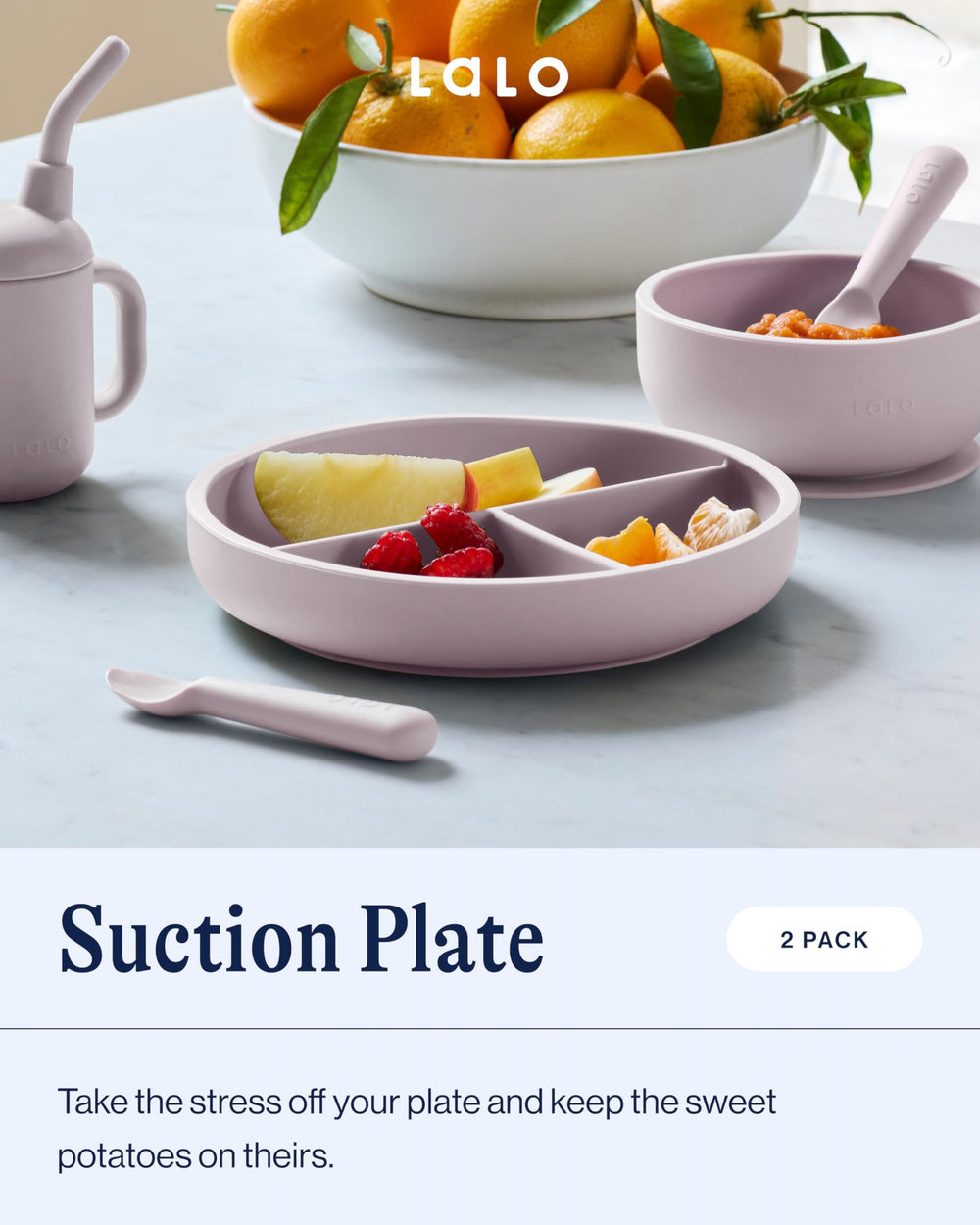 Lalo suction plates suction-base highlights stability to prevent tip-overs during toddler meals.