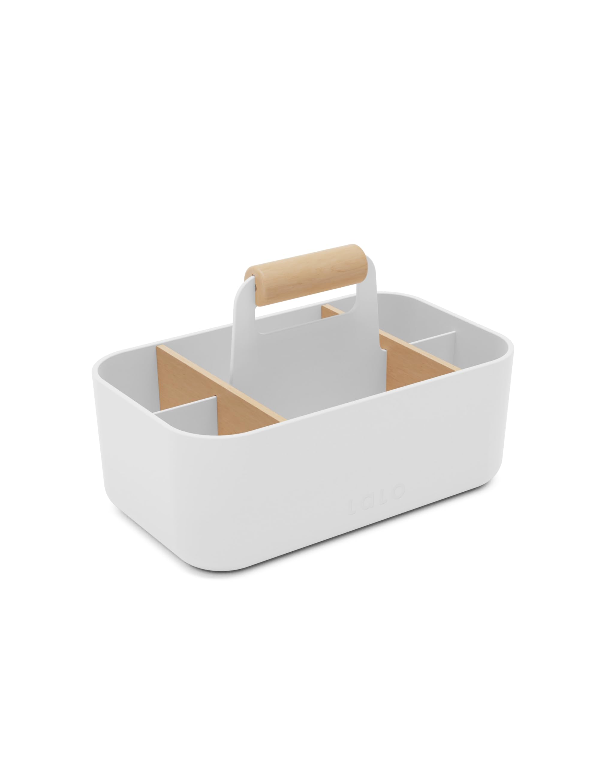 Lalo The Caddy front view coconut shows stylish multi-compartment organization for diapering and bath setup